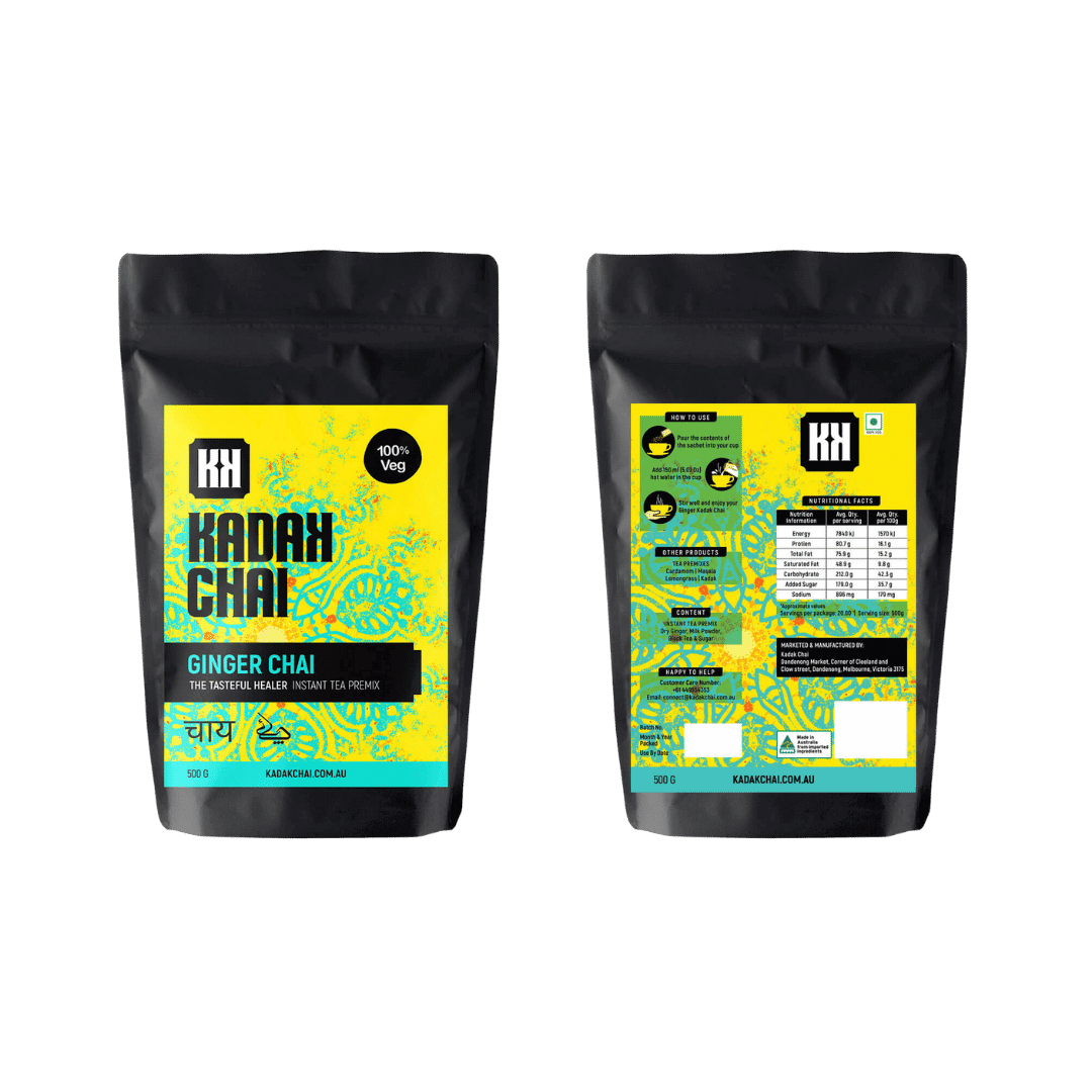 Ginger Chai Instant Tea Premix – front and back packaging images