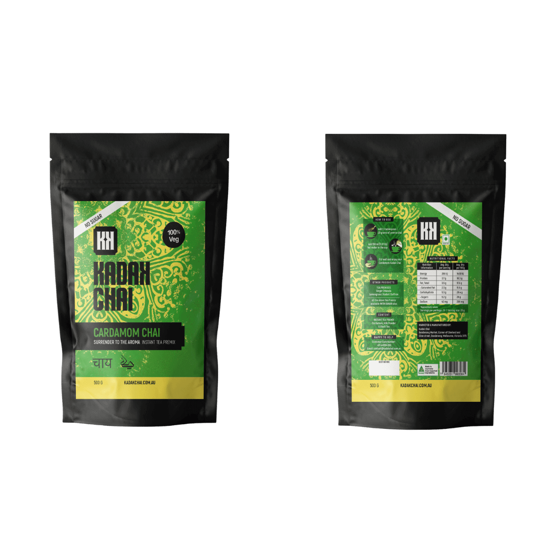 Authentic Cardamom (Elaichi) Chai packet – front and back packaging image