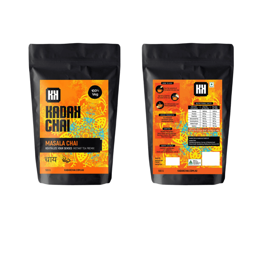 Instant Desi Masala Chai Tea Powder Front and back packaging