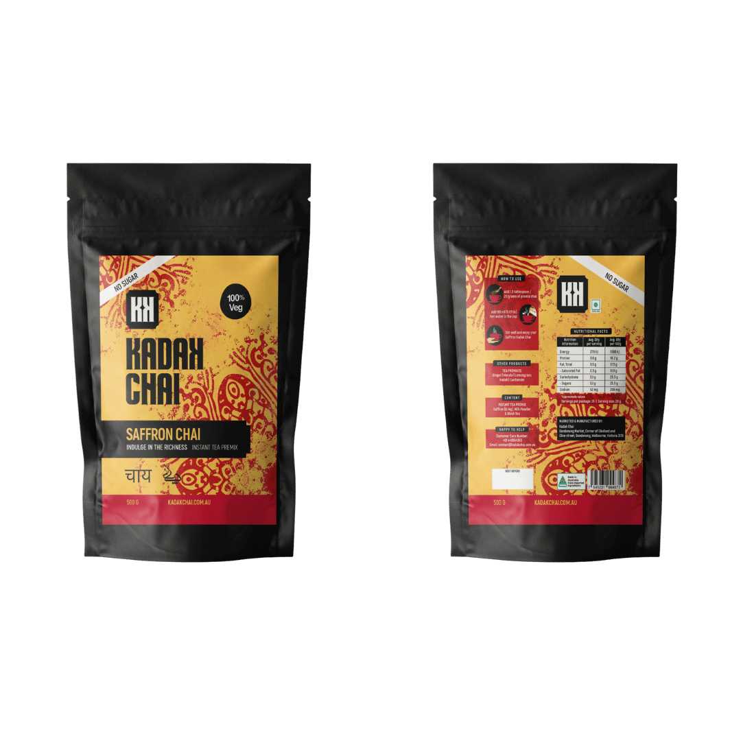 Saffron Tea (Zafrani Chai) packaging – front and back images.
