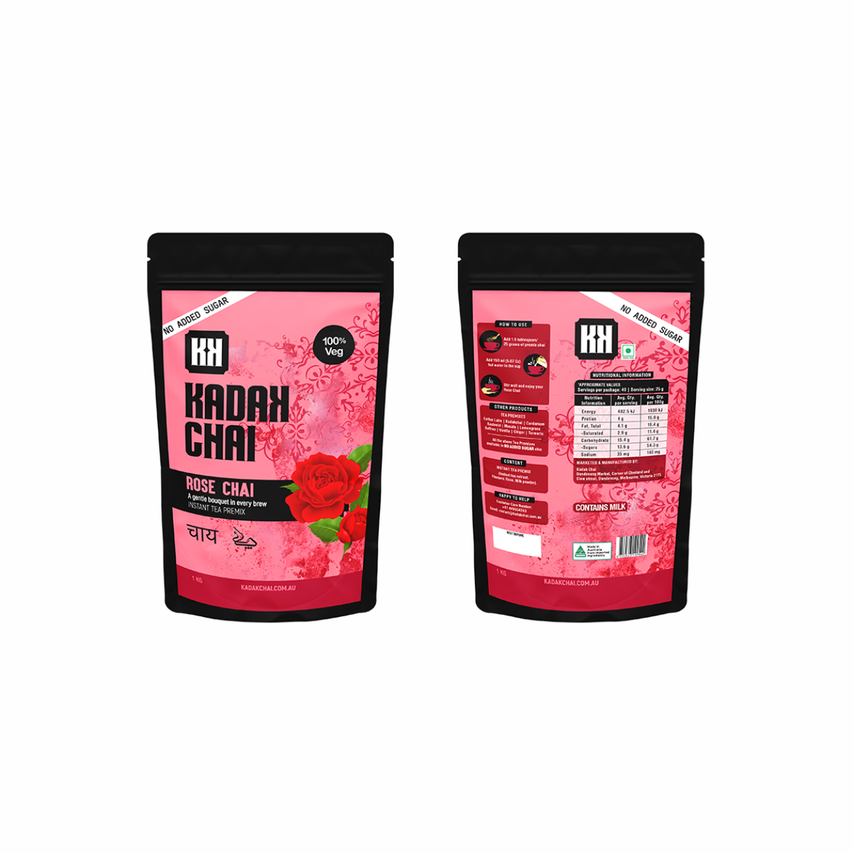 Two stand-up pouches of Kadak Chai Rose Chai tea shown side by side on a plain white background, displaying the front and back packaging.